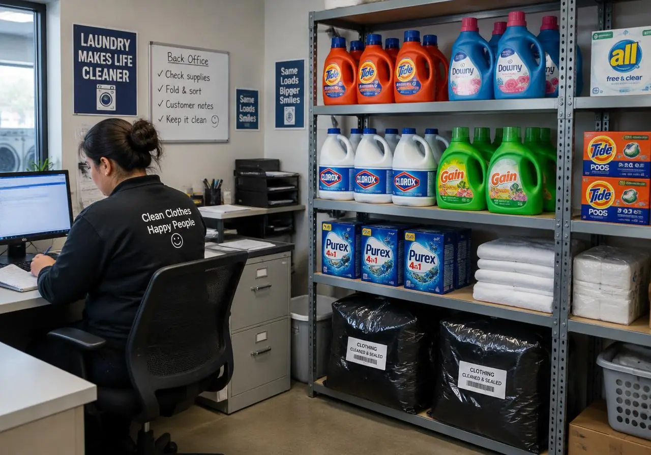Sealed bags stored out of sight at a laundromats location