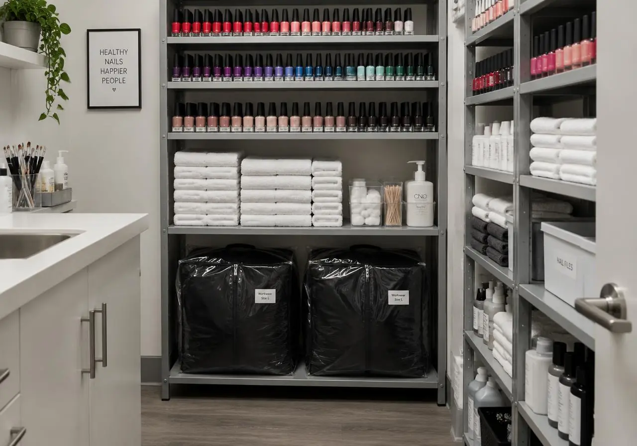 Sealed bags stored out of sight at a nail salons location